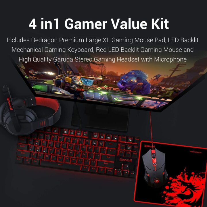 Redragon Redragon K552-BB Gaming Keyboard and Mouse, Large Mouse Pad, PC Gaming Headset with Microphone Combo 87 Key Mechanical Keyboard with Blue Switches for Windows PC Games-Keyboard Mouse Pad Head (3)