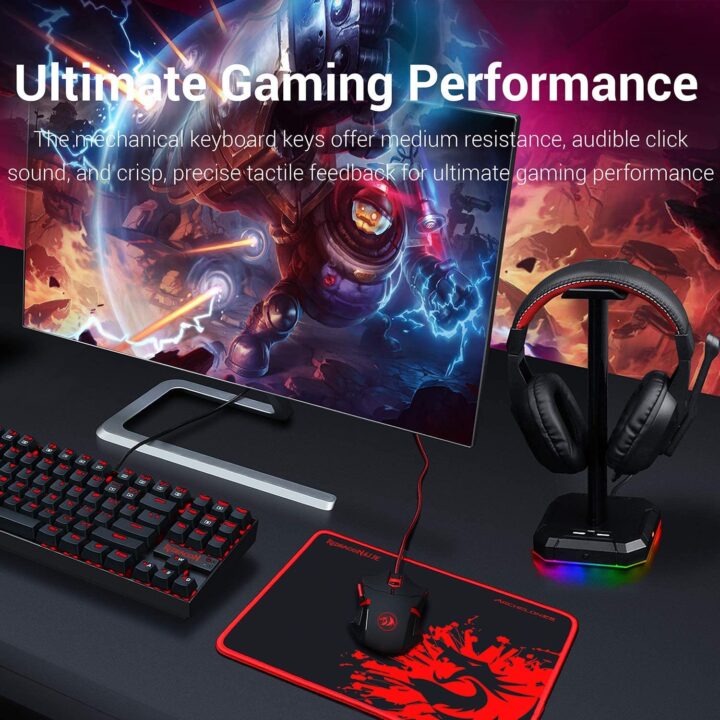 Redragon Redragon K552-BB Gaming Keyboard and Mouse, Large Mouse Pad, PC Gaming Headset with Microphone Combo 87 Key Mechanical Keyboard with Blue Switches for Windows PC Games-Keyboard Mouse Pad Head (4)