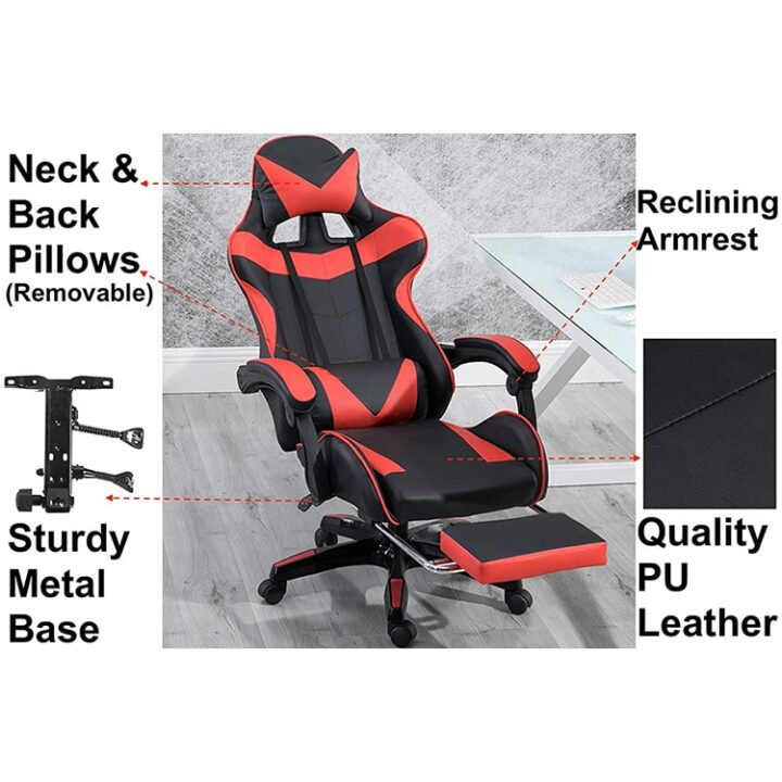 YALLA OFFICE Gaming Chair - PC Computer Chair for Gaming, for Office, for Students -Ergonomic Lumbar Back Support Pain Relief (Black & Red with Footrest) (3)-min