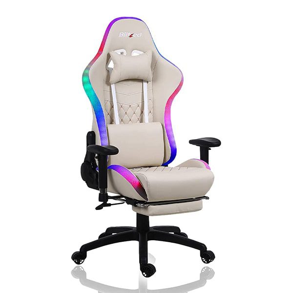 Blitzed LUNA Leather Gaming Chair with RGB Light and Lumbar Support (White)-min